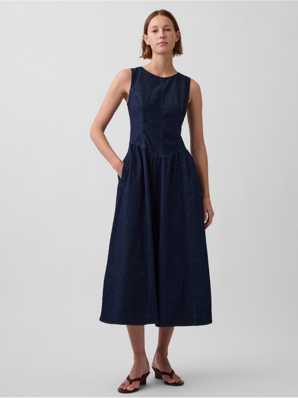 NWT Gap Denim Drop Wait Midi Dark Wash Dress Sz Large.